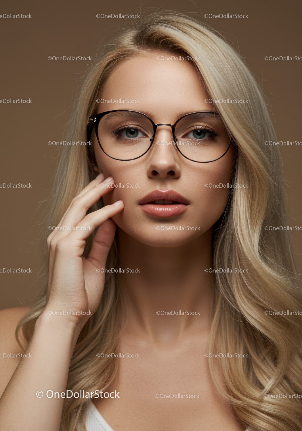 Portret stylowej blondynki w okularach z eleganckim makijażem