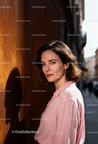 Thoughtful woman standing in warm urban sunlight