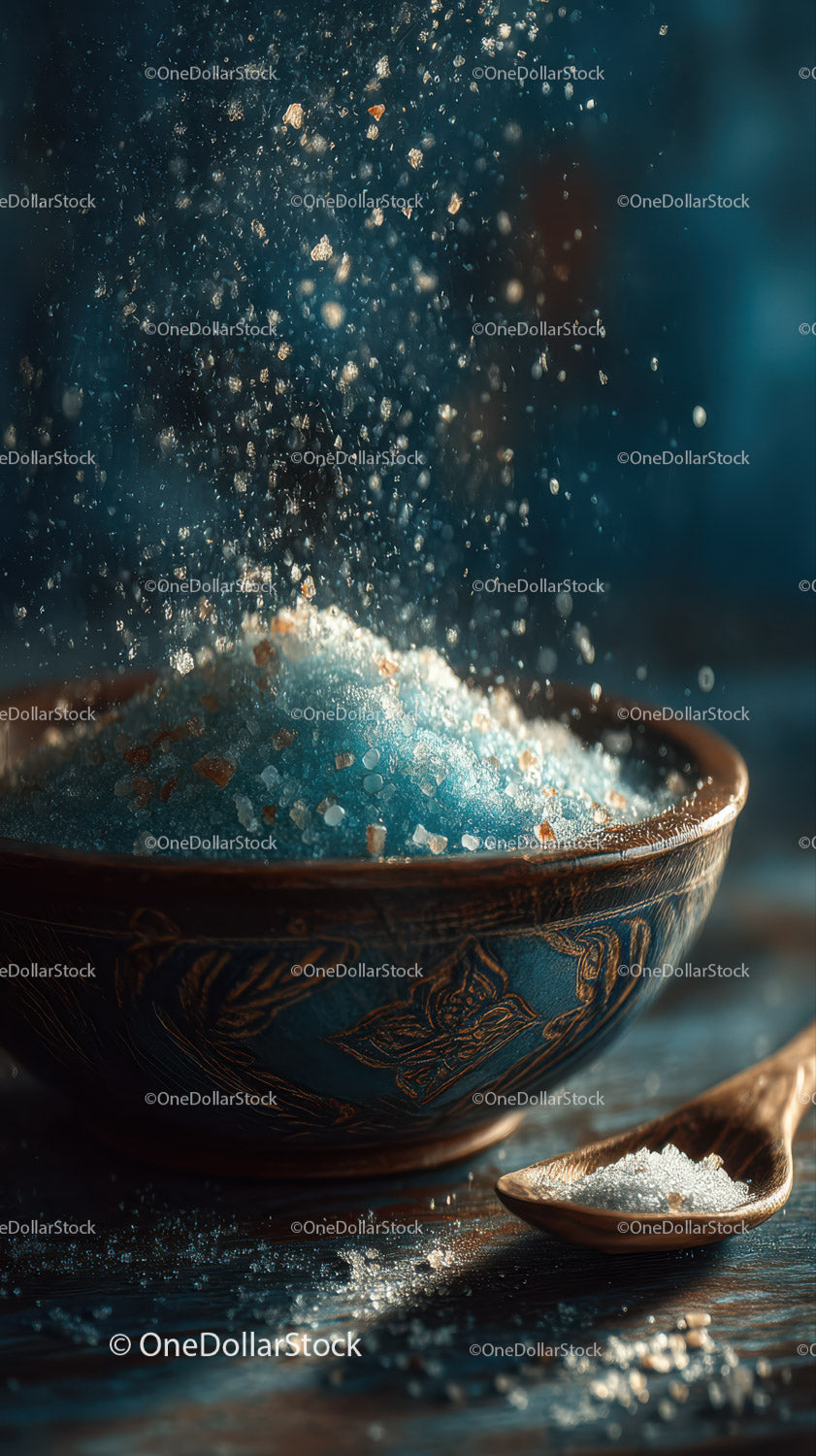 Sea Salt Crystals Falling into Ceramic Bowl Creating Texture and Flavor