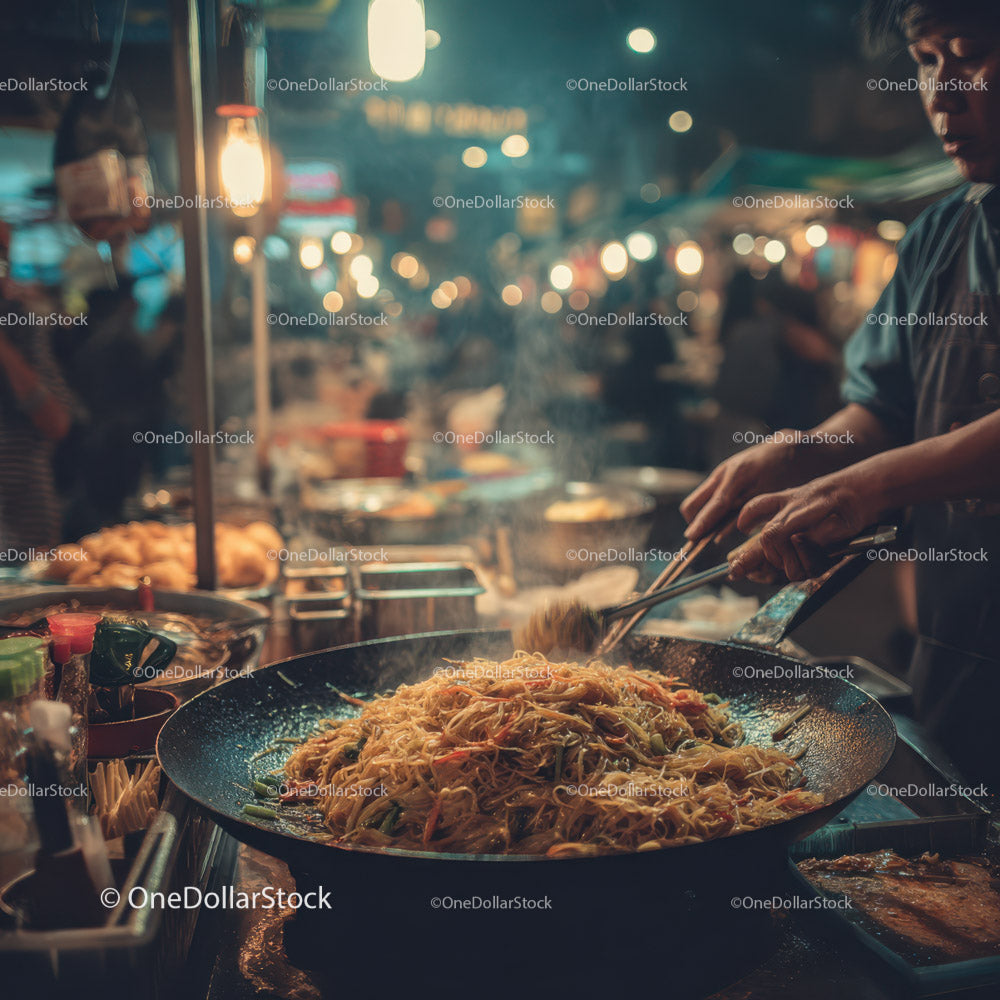 Street Food Wok at Night Market with Flavorful Noodles and Busy Vendor