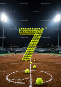 Number seven shaped with tennis balls on clay court at night