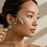 Asian Woman Using Jade Roller for Facial Skin Care and Relaxation