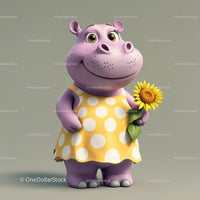 Cute Cartoon Hippo Holding Sunflower in Yellow Dress for Kids Illustration