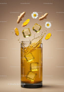 Refreshing glass of turmeric iced tea with daisies