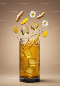 Refreshing glass of turmeric iced tea with daisies