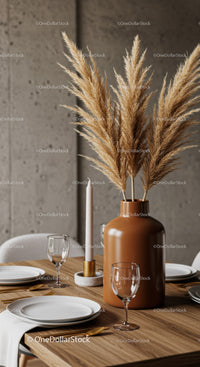 Stylish Modern Dining Table with Pampas Grass and Glassware