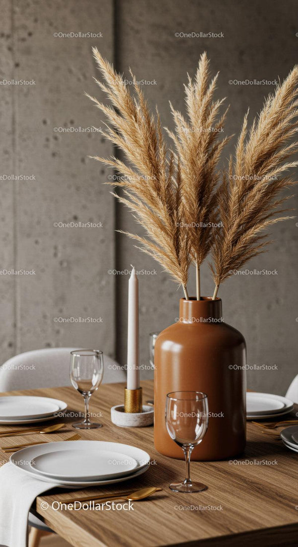 Stylish Modern Dining Table with Pampas Grass and Glassware