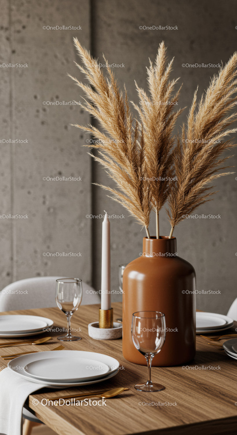 Stylish Modern Dining Table with Pampas Grass and Glassware