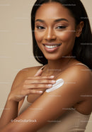 Beautiful Black Woman Applying Lotion on Shoulder Skin Care Concept