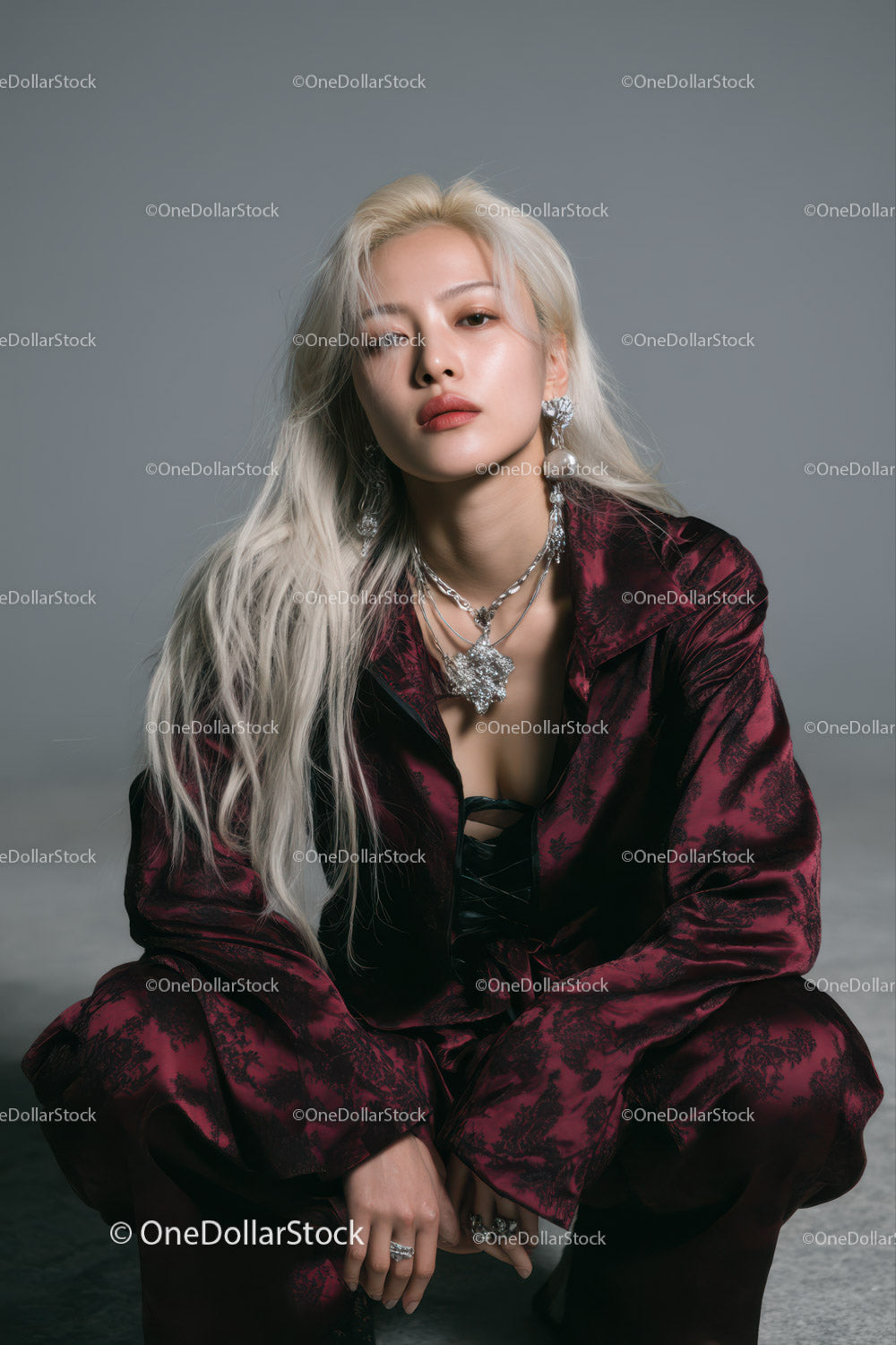 Fashion Portrait of a Woman with Platinum Blonde Hair Wearing Silver Jewelry