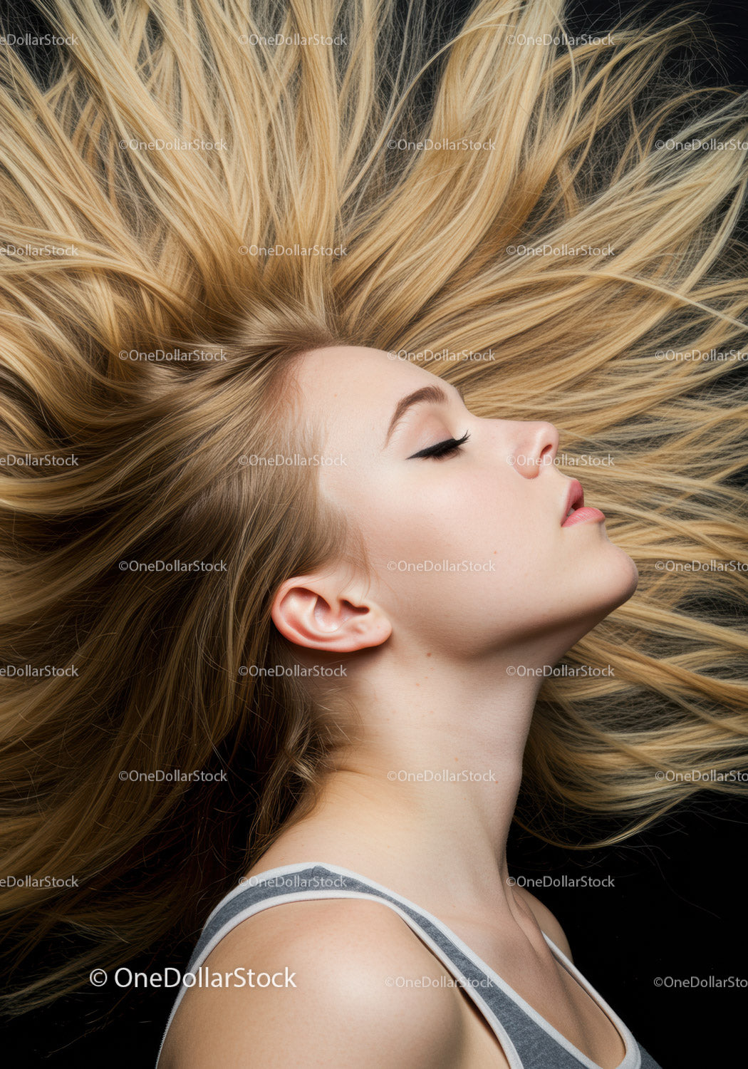 Blonde Woman with Flowing Hair and Closed Eyes in Profile
