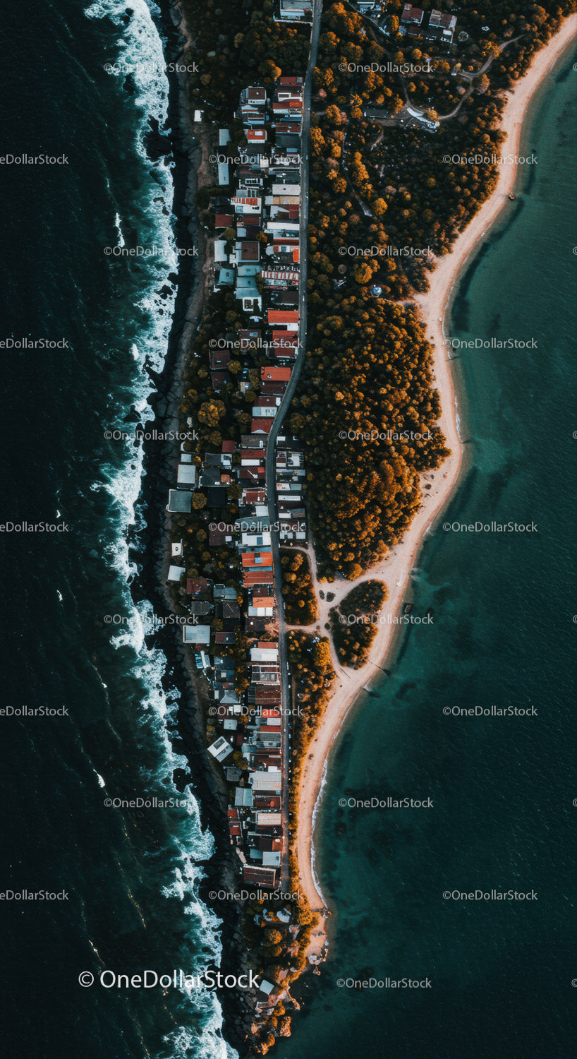 Colorful Coastal Village with Beach and Ocean Aerial View