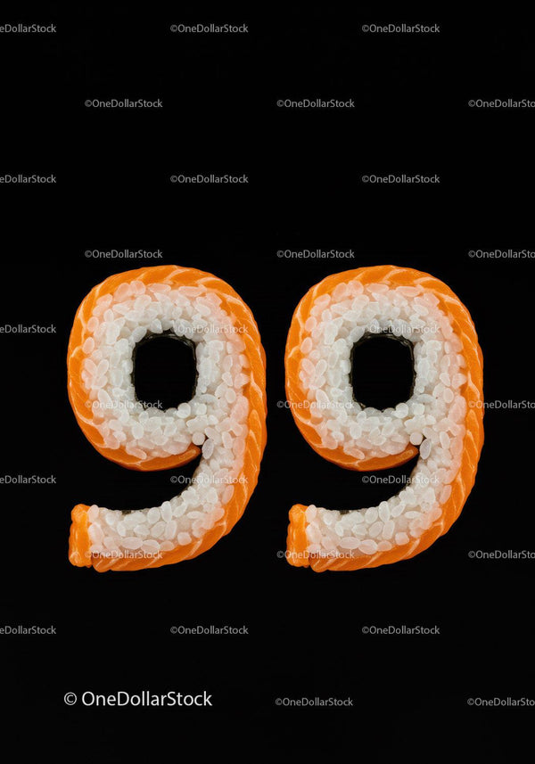 Number 99 made from fresh salmon sushi rolls