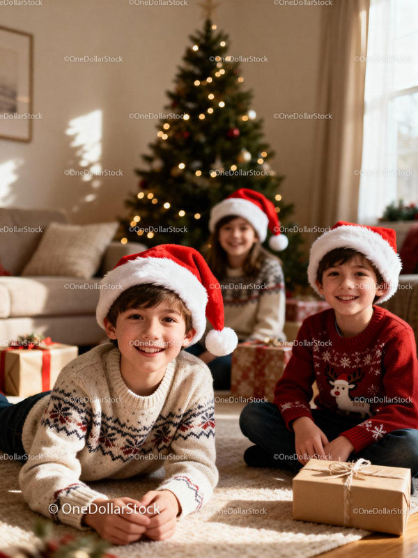 Children enjoying Christmas morning by decorated tree