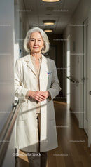 Elderly Female Doctor Standing Confidently in Hospital Hallway