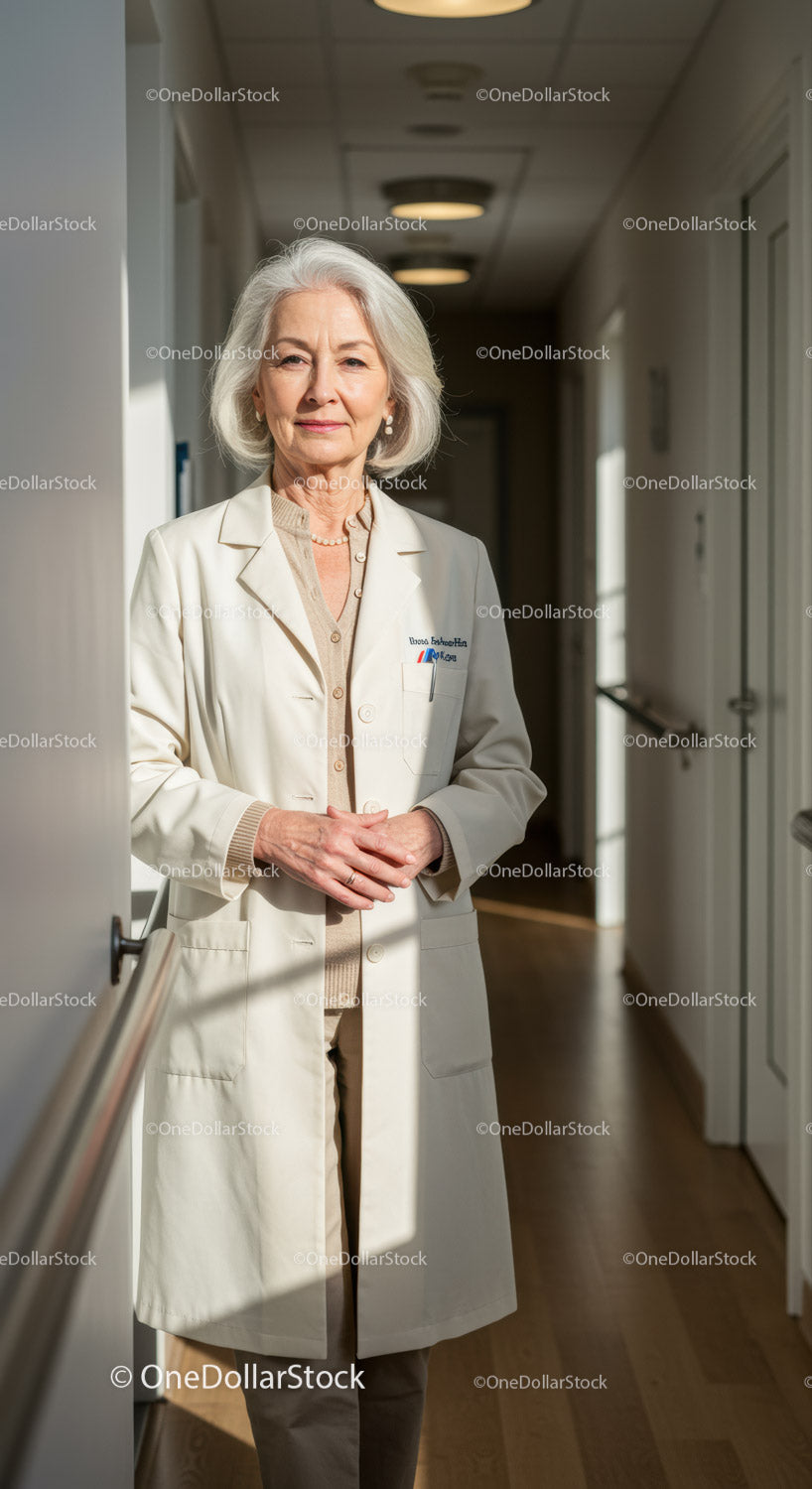 Elderly Female Doctor Standing Confidently in Hospital Hallway