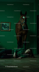 Woman Lying on Floor Beside a Horse in Dramatic Green Room