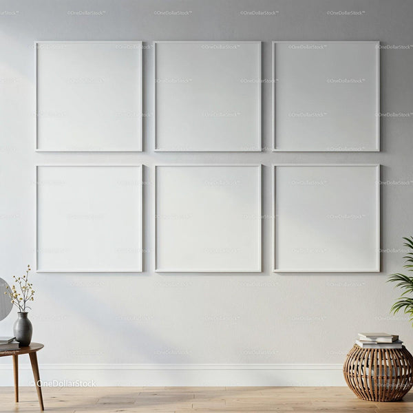 Six Blank Square Frames in Modern Minimalist Interior JPG Mockup Image