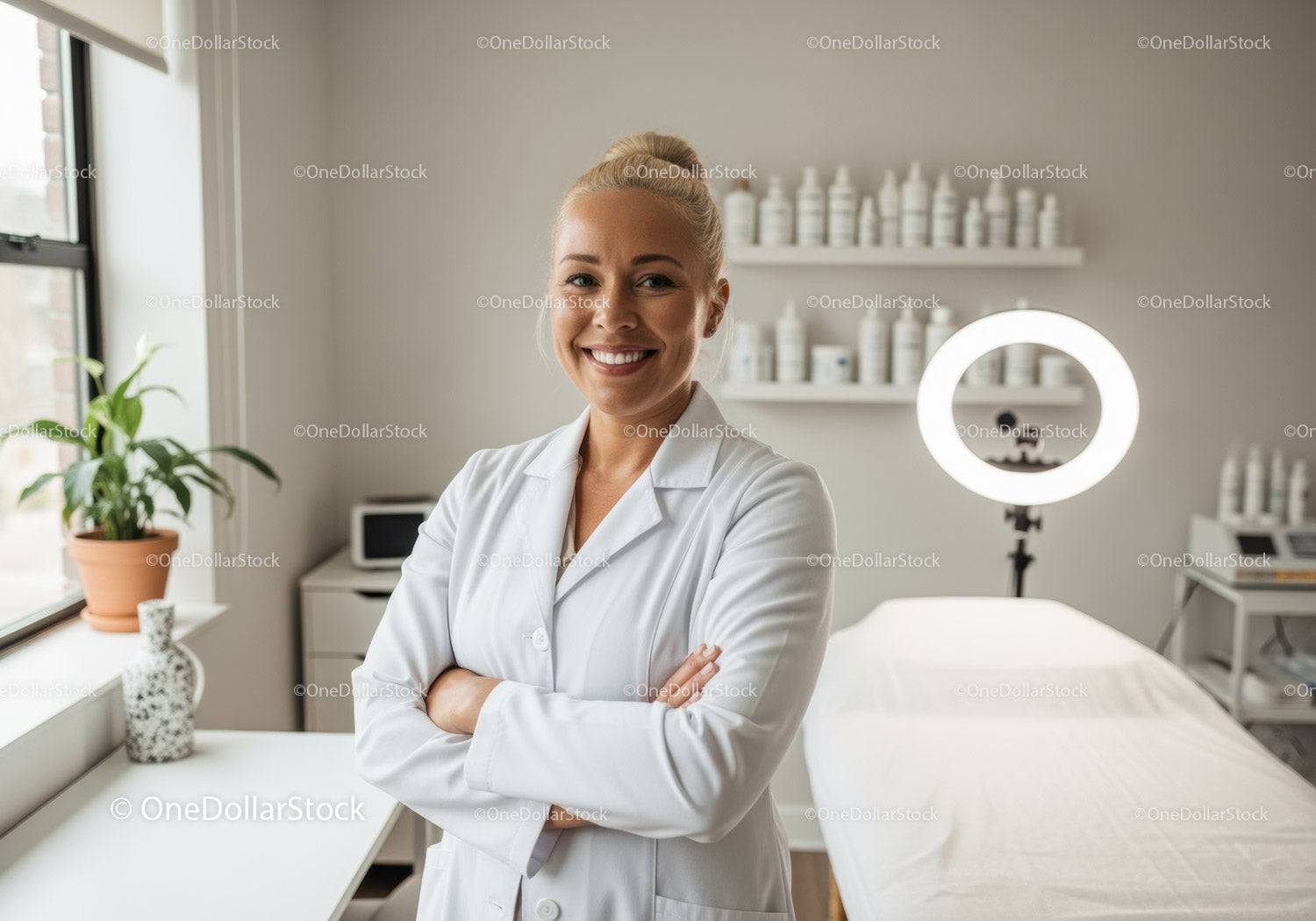 Uśmiechnięta lekarka w nowoczesnej klinice ze sprzętem medycznym i roślinami