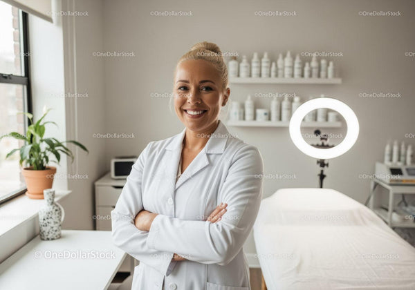 Uśmiechnięta Lekarka w Nowoczesnej Klinice z Sprzętem Medycznym i Roślinami