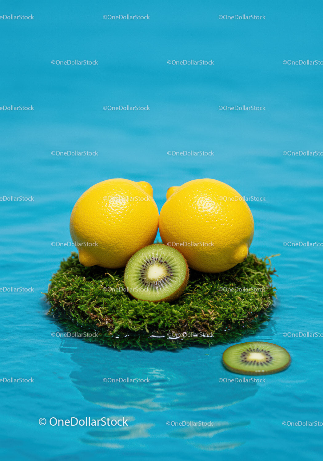Fresh lemons and kiwi slices on moss in blue water