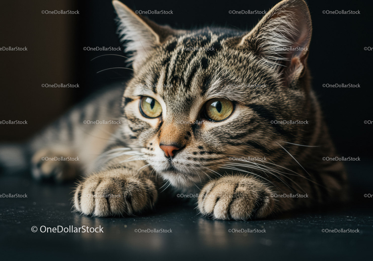 Close up of thoughtful tabby cat resting paws
