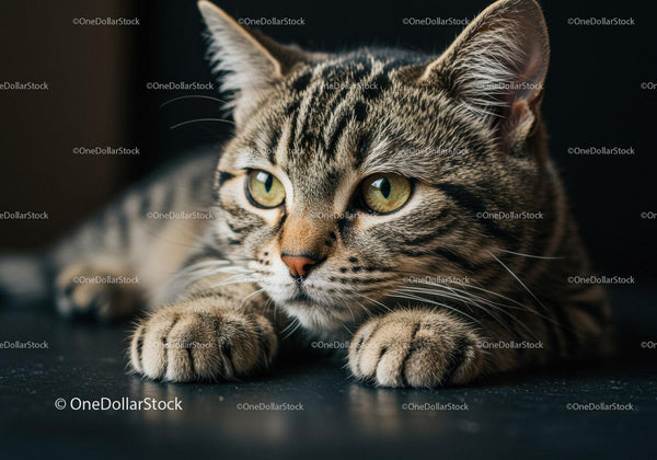 Close up of thoughtful tabby cat resting paws
