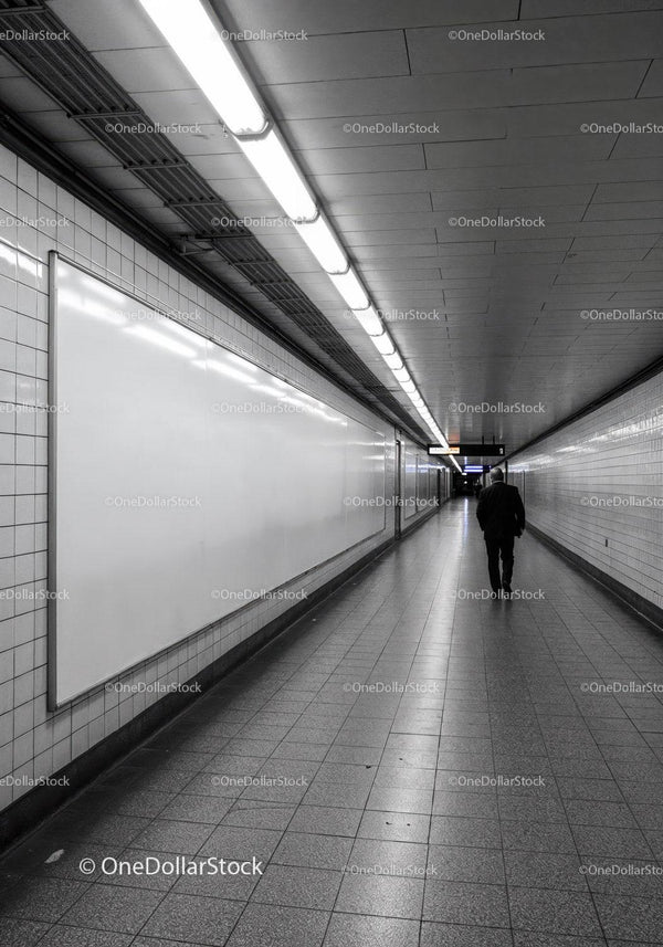 Empty Subway Tunnel Corridor with Man Walking in Business Suit JPG Mockup Image