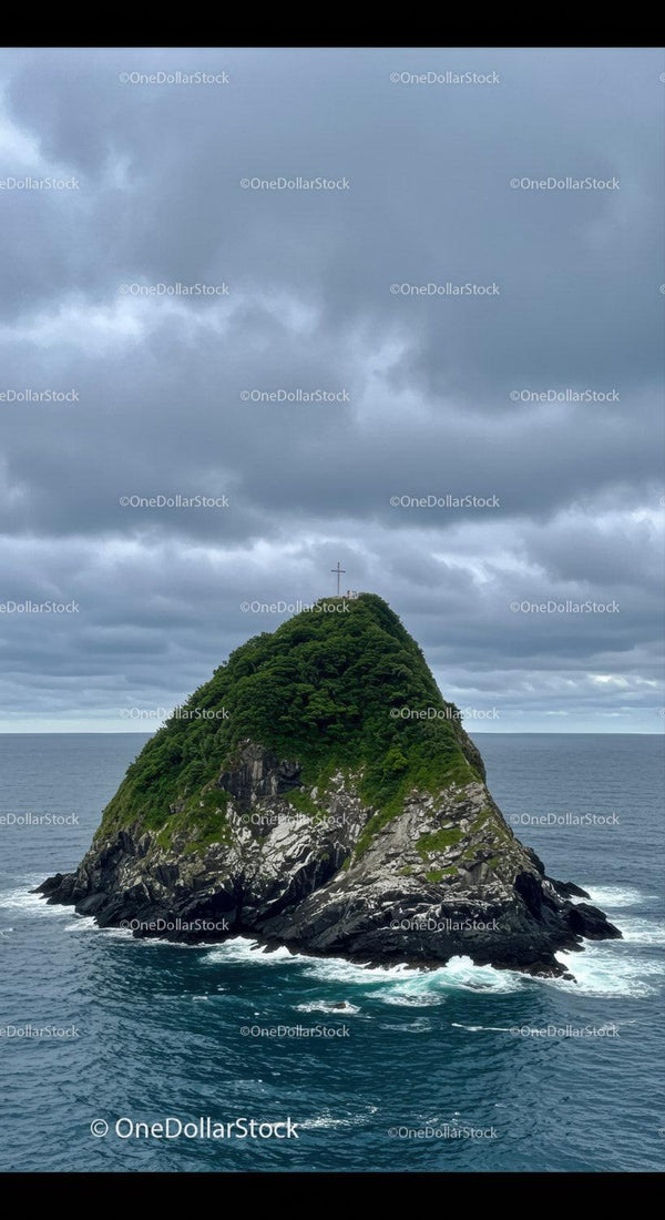 Lush Green Rocky Island with Cross Under Cloudy Sky over Ocean