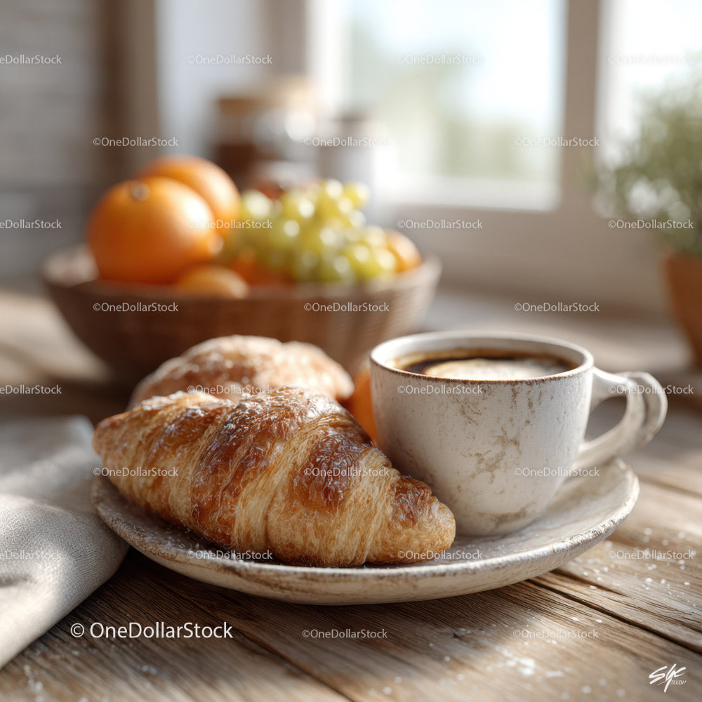 Świeży croissant i kawa na rustykalnym drewnianym stole śniadaniowym
