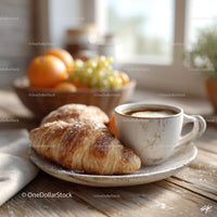 Fresh Croissant and Coffee on Rustic Wooden Breakfast Table
