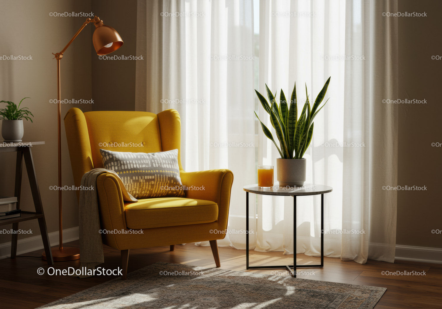 Cozy yellow armchair in sunlit modern living room