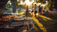 Outdoor Barbecue Grill with Sizzling Steaks and Vegetables in Sunset