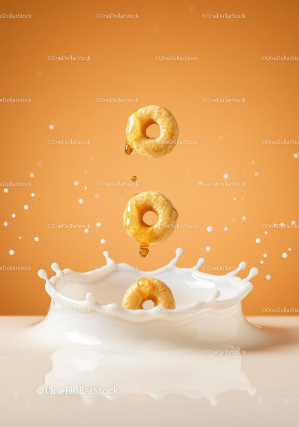 Honey Drizzled Cereal Rings Splashing in Milk
