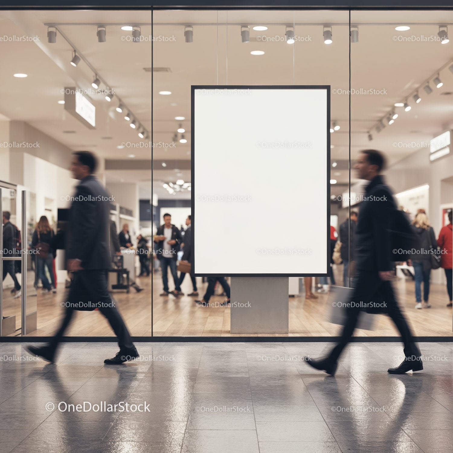 Busy shopping mall with empty advertising display board