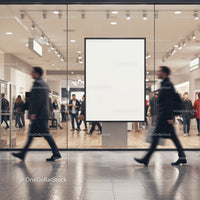 Busy shopping mall with empty advertising display board