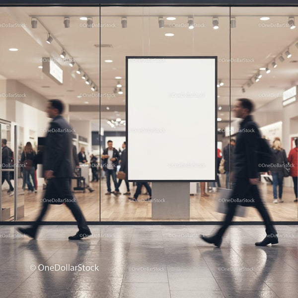 Busy shopping mall with empty advertising display board JPG Mockup Image
