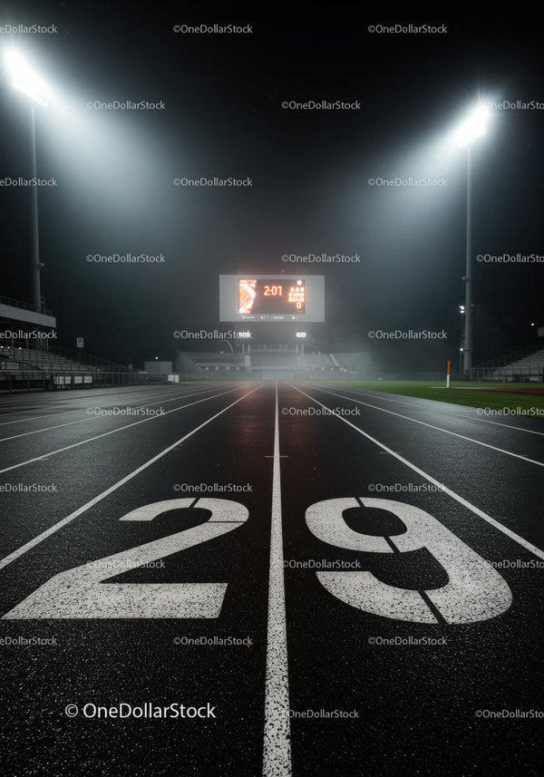 Empty running track lanes under night stadium lights