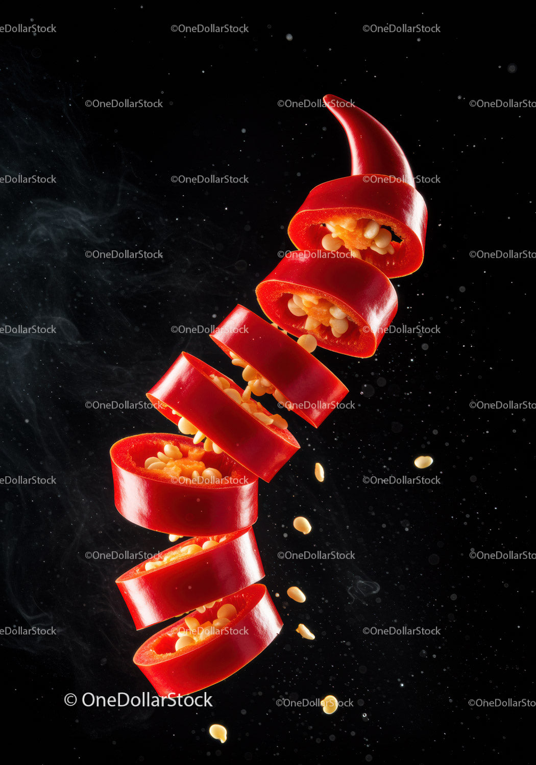 Fresh red chili pepper slices floating with seeds