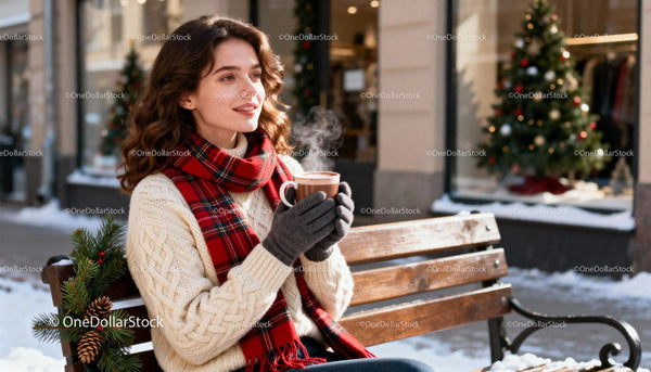Woman enjoying hot drink on snowy winter day outdoors