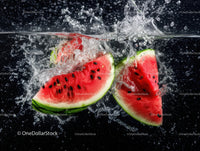 Fresh Watermelon Slices Splashing in Water with Bubbles