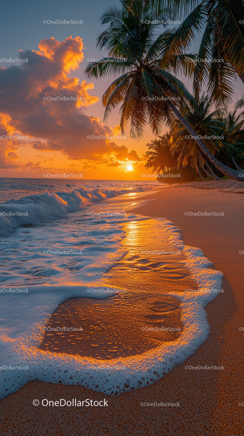 Sunset Over Tropical Beach with Palm Trees and Clear Ocean Water