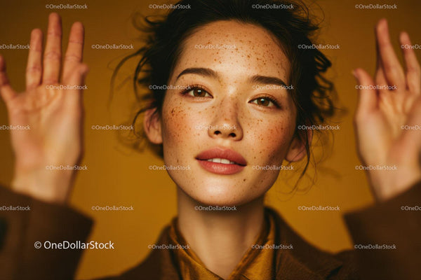 Freckle Beautiful Woman in Wavy Hair on Warm Background