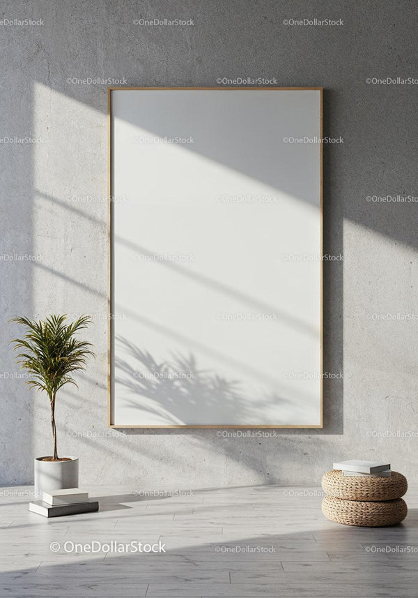 Minimalist room with blank frame and potted plant JPG Mockup Image