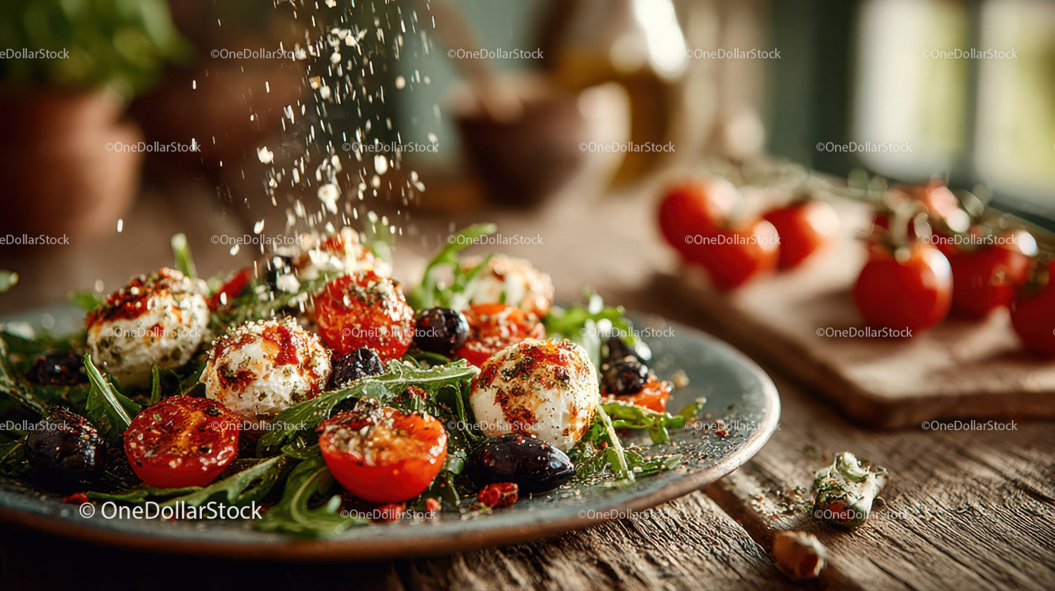 Fresh Cherry Tomato and Mozzarella Salad with Basil on Rustic Wooden Table