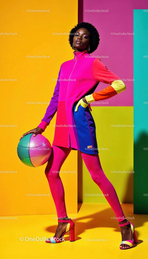 Colorful Fashion Model in Bright Outfit Against Vibrant Background