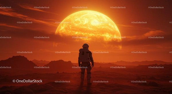 Astronaut Exploring Alien Landscape with Blazing Sun and Distant Mountains