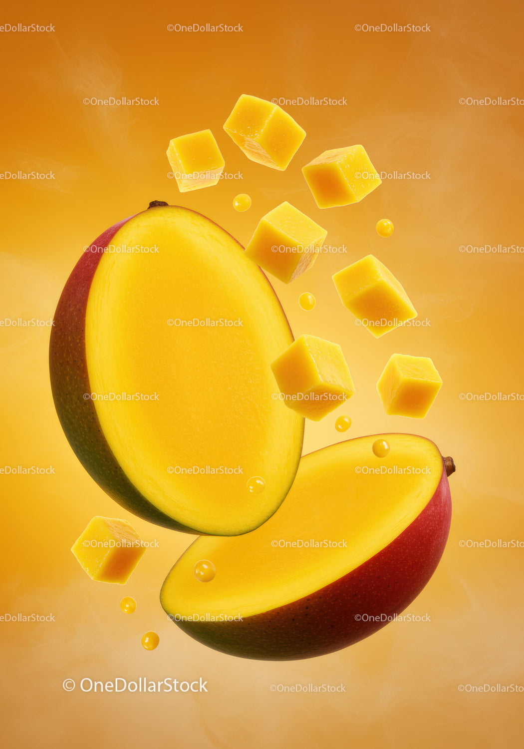 Fresh Mango Halves and Cubes Floating on Bright Background