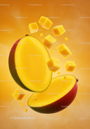 Fresh Mango Halves and Cubes Floating on Bright Background