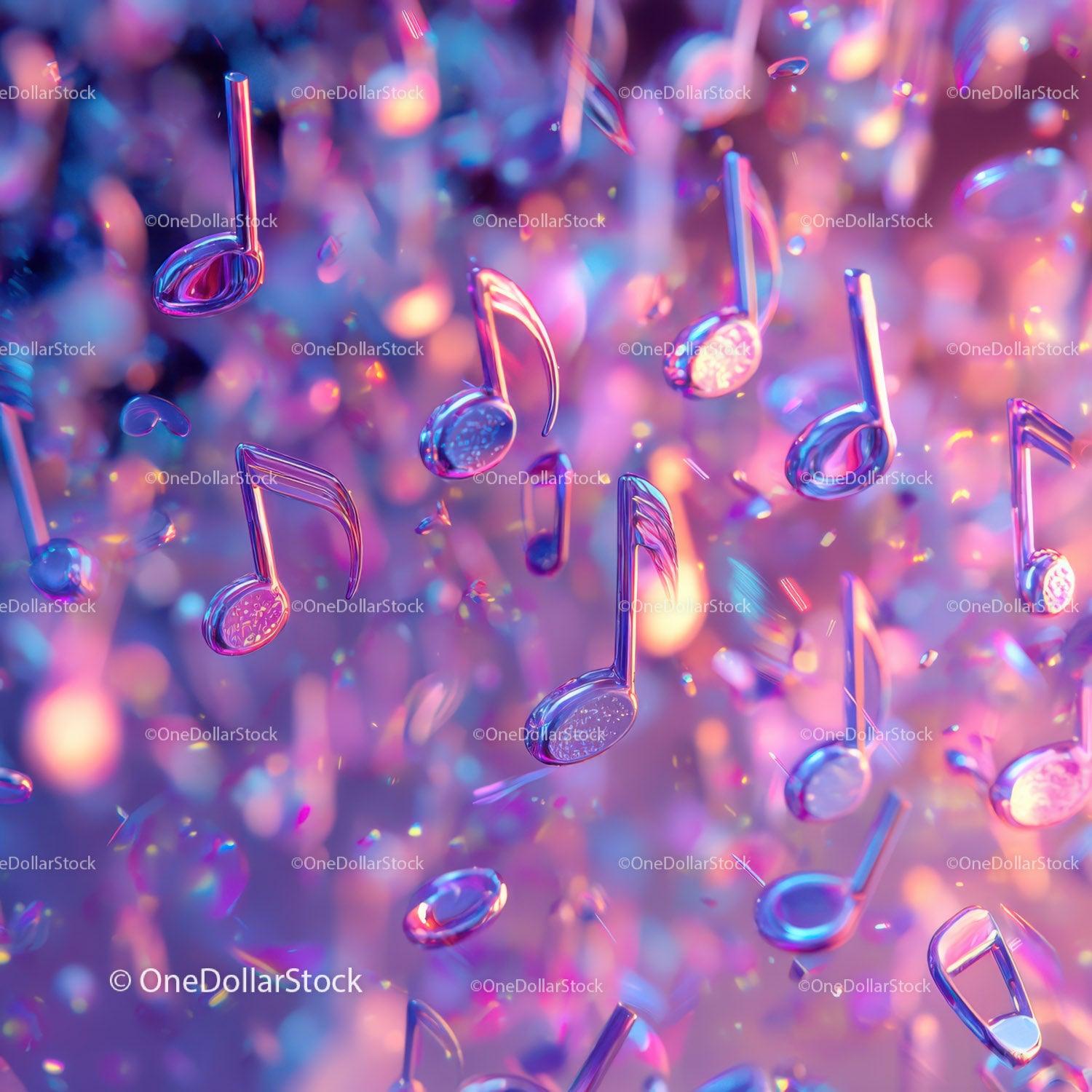 Colorful Floating Musical Notes with Neon and Glitter Effects